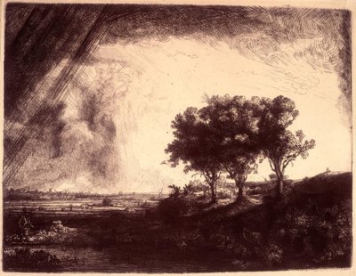 A paisagem com as três árvores de Rembrandt van Rijn