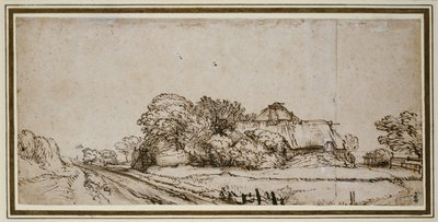 Edifícios agrícolas ao lado de uma estrada (caneta e tinta marrom com lavagem marrom) de Rembrandt van Rijn