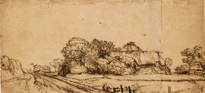 Edifícios Agrícolas à Lado de uma Estrada, meados do século XVII, de Rembrandt van Rijn
