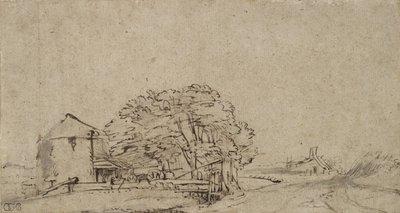 Fazenda de construção ao lado de uma estrada com distante fazenda, 1650-69 (caneta & tinta marrom com lavagem cinza no papel) de Rembrandt van Rijn