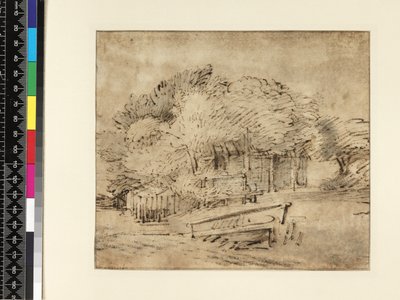 Quinta sob árvores, com uma passarela, c.1650 (caneta e tinta com papel) de Rembrandt van Rijn