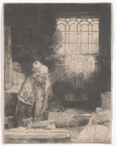 Fausto em seu estudo assistindo a um disco mágico, ou Um estudioso em seu estudo, c.1652 de Rembrandt van Rijn