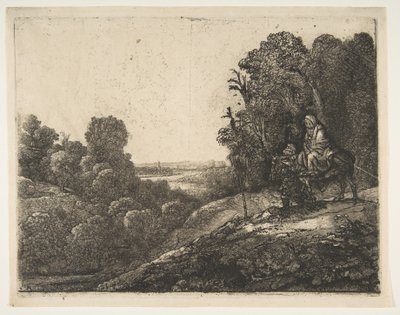 Voo para o Egito: Alterado de Tobias e o Anjo por Hercules Segers, ca. 1653 de Rembrandt van Rijn