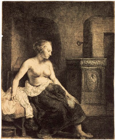 Mulher seminua por um fogão, 1658. de Rembrandt van Rijn