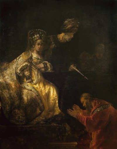 Hamã Implorando a Misericórdia de Ester, década de 1660. de Rembrandt van Rijn