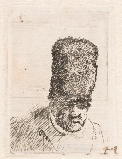 Cabeça de um velho com um gorro de pele alto de Rembrandt van Rijn