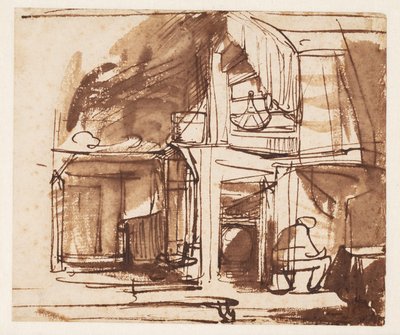 Interior com uma escada sinuosa e um homem sentado de Rembrandt van Rijn