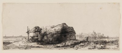 Paisagem com chalés e um celeiro de feno: oblongo de Rembrandt van Rijn