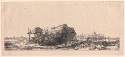 Paisagem com chalés e um celeiro de feno: oblongo de Rembrandt van Rijn