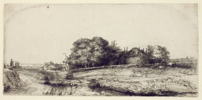 Paisagem com Haybarn e um rebanho de ovelhas, c.1652 (gravura e ponto seco no papel) de Rembrandt van Rijn