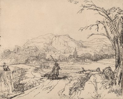Paisagem com desportista e cão, c. 1653. de Rembrandt van Rijn