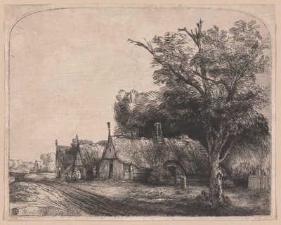 Paisagem com três casas de empena ao lado de uma estrada de Rembrandt van Rijn