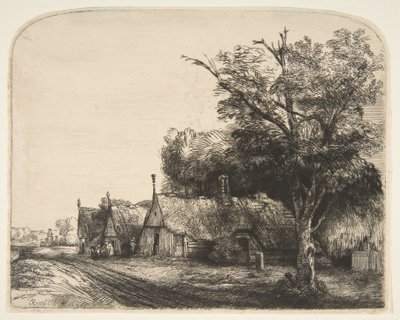 Paisagem com três cabanas de duas águas ao lado de uma estrada, 1650. de Rembrandt van Rijn