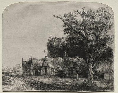 Paisagem com três cabanas de duas águas ao lado de uma estrada, 1650. de Rembrandt van Rijn