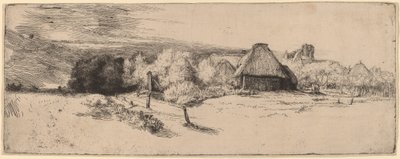 Paisagem com árvores, edifícios agrícolas e uma torre de Rembrandt van Rijn