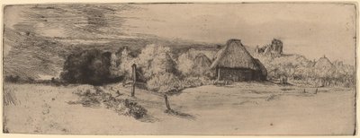 Paisagem com árvores, edifícios agrícolas e uma torre de Rembrandt van Rijn