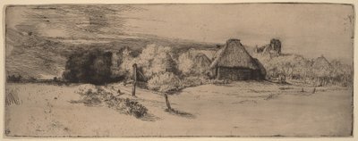 Paisagem com árvores, edifícios agrícolas e uma torre de Rembrandt van Rijn