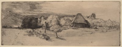 Paisagem com árvores, edifícios agrícolas e uma torre de Rembrandt van Rijn