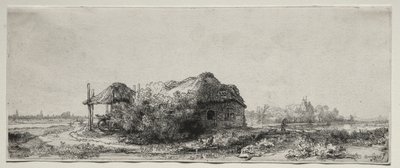 Paisagem com uma casa de campo e celeiro de feno: oblongo de Rembrandt van Rijn