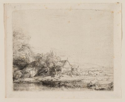 Paisagem com uma vaca bebendo de Rembrandt van Rijn