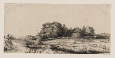 Paisagem com um celeiro de feno e um rebanho de ovelhas de Rembrandt van Rijn