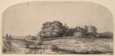 Paisagem com um celeiro de feno e um rebanho de ovelhas de Rembrandt van Rijn