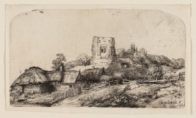 Paisagem com uma torre quadrada de Rembrandt van Rijn
