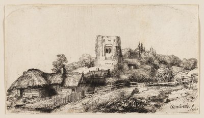 Paisagem com uma torre quadrada de Rembrandt van Rijn
