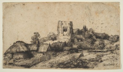 Paisagem com uma torre quadrada, 1650. de Rembrandt van Rijn