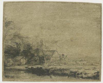 Paisagem com uma vaca bebendo de Rembrandt van Rijn