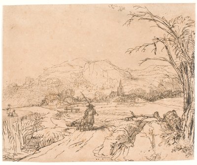 Paisagem com um desportista e cães de Rembrandt van Rijn