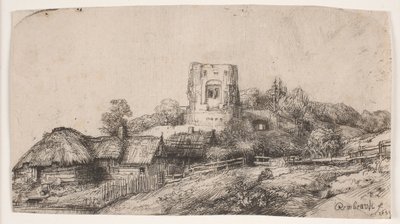 Paisagem com uma torre quadrada de Rembrandt van Rijn