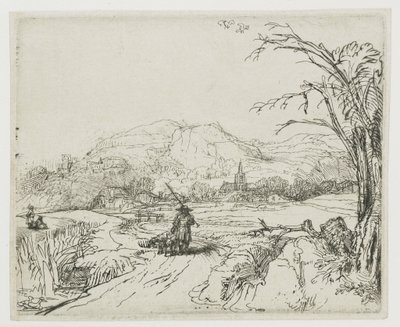 Paisagem com pastor de ovelhas e cães («O pequeno caçador») de Rembrandt van Rijn