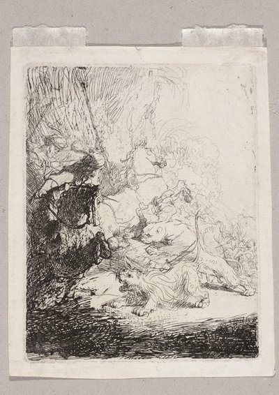 Uma pequena caçada aos leões (com dois leões) de Rembrandt van Rijn