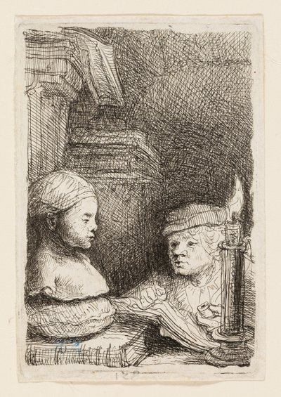 Homem desenhando de um elenco de Rembrandt van Rijn