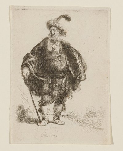 Homem de pé, com traje oriental e gorro de pele com plumas de Rembrandt van Rijn