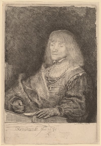 Homem em uma mesa usando uma cruz e corrente de Rembrandt van Rijn
