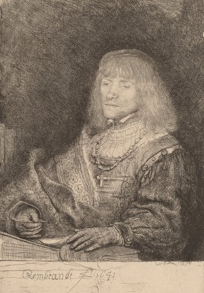 Homem em uma mesa usando uma cruz e corrente, 1641. de Rembrandt van Rijn