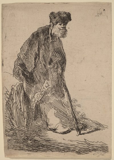 Homem com casaco e gorro de pele encostado a um banco de Rembrandt van Rijn