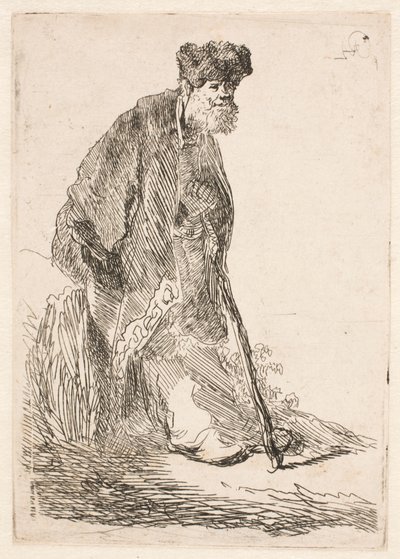 Homem com uma capa e um gorro de pele, encostado a um banco de Rembrandt van Rijn