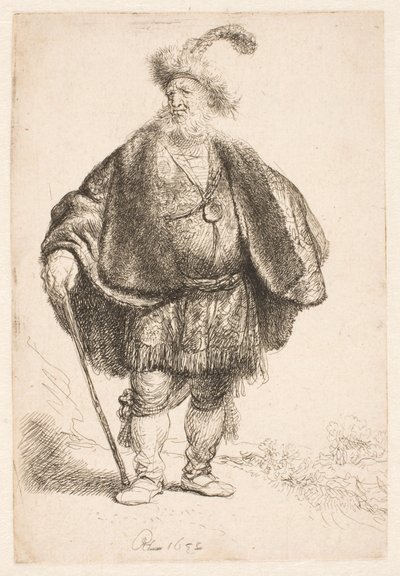 Homem de pé, vestido com trajes orientais e um gorro de pele com plumas de Rembrandt van Rijn