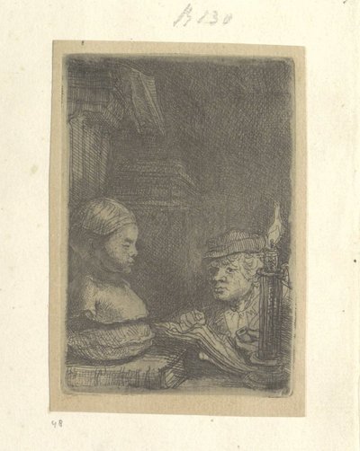Homem, desenhando de um modelo de gesso Recueil de quatre-vingt-cinq estampes originales (título da série) de Rembrandt van Rijn