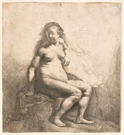 Mulher nua sentada num monte de Rembrandt van Rijn