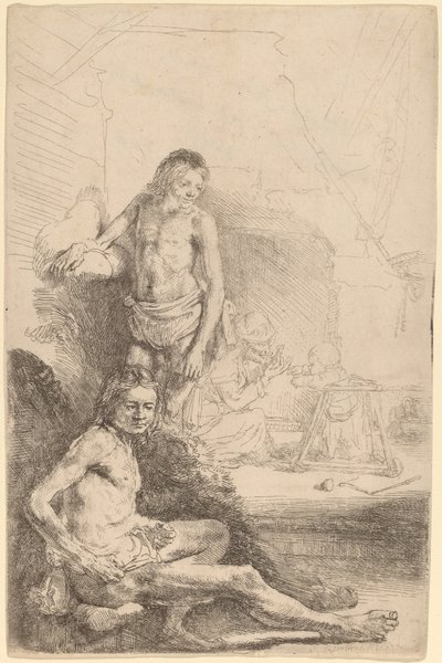 Homem nu sentado e homem nu em pé, com uma mulher e um bebê ao fundo de Rembrandt van Rijn