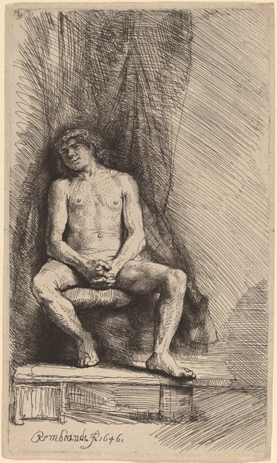 Homem nu sentado diante de uma cortina de Rembrandt van Rijn
