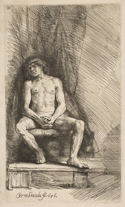 Homem nu sentado diante de uma cortina, 1646. de Rembrandt van Rijn