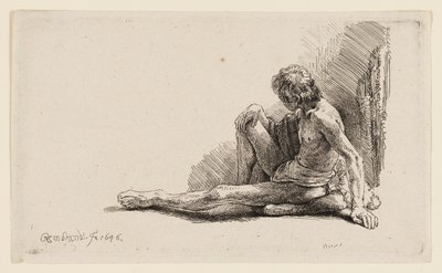 Homem nu sentado no chão com uma perna estendida de Rembrandt van Rijn