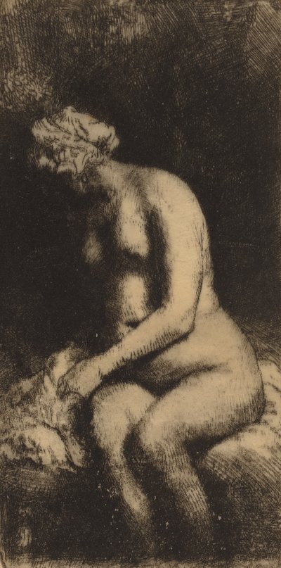 Nua sentada em um banco com uma mulher de travesseiro banhando os pés em um riacho, 1658. de Rembrandt van Rijn
