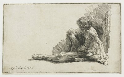 Homem nu sentado no chão com uma perna estendida de Rembrandt van Rijn