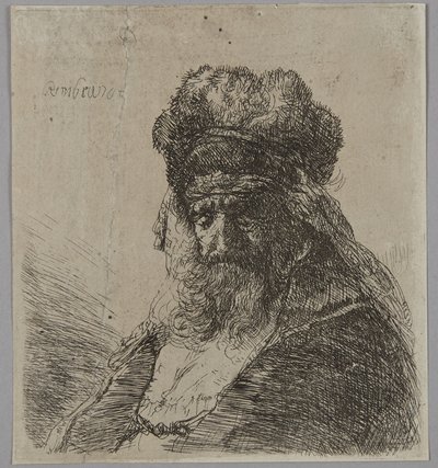 Um velho barbudo com um gorro alto de pele, de olhos fechados de Rembrandt van Rijn